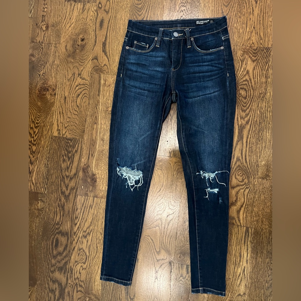 Blank NYC Mid Rise Dark Wash Distressed Skinny Jeans